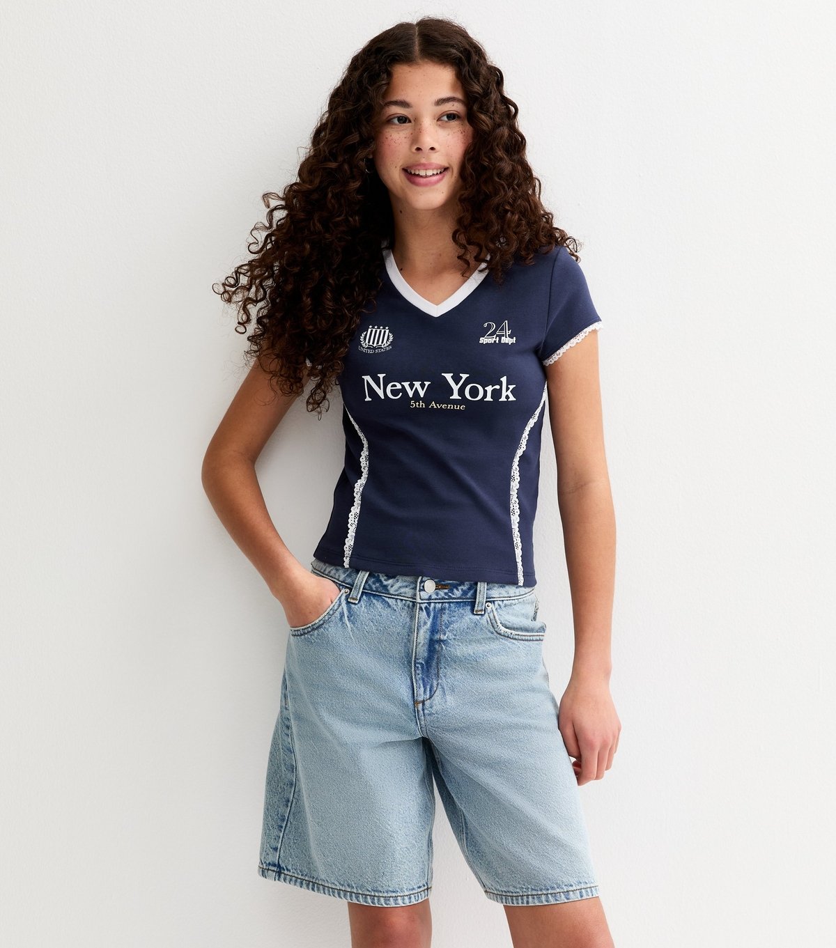 New Look Girls' Navy New York 24 Lace Fitted Football Top New Look - 2