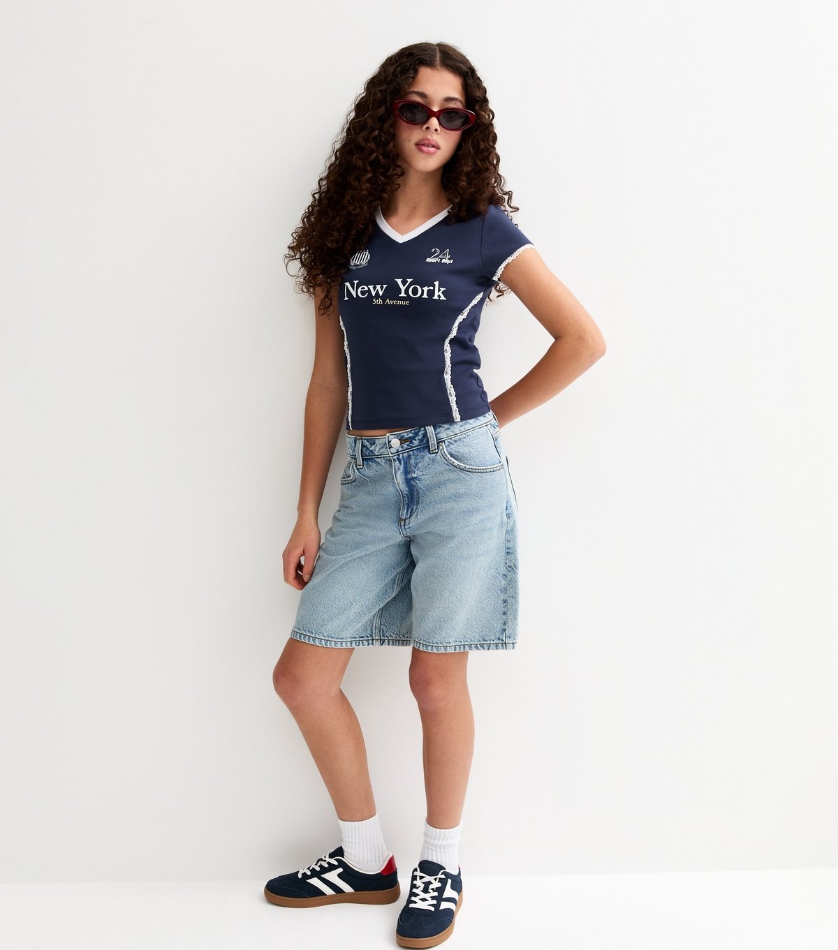 New Look Girls' Navy New York 24 Lace Fitted Football Top New Look - 3