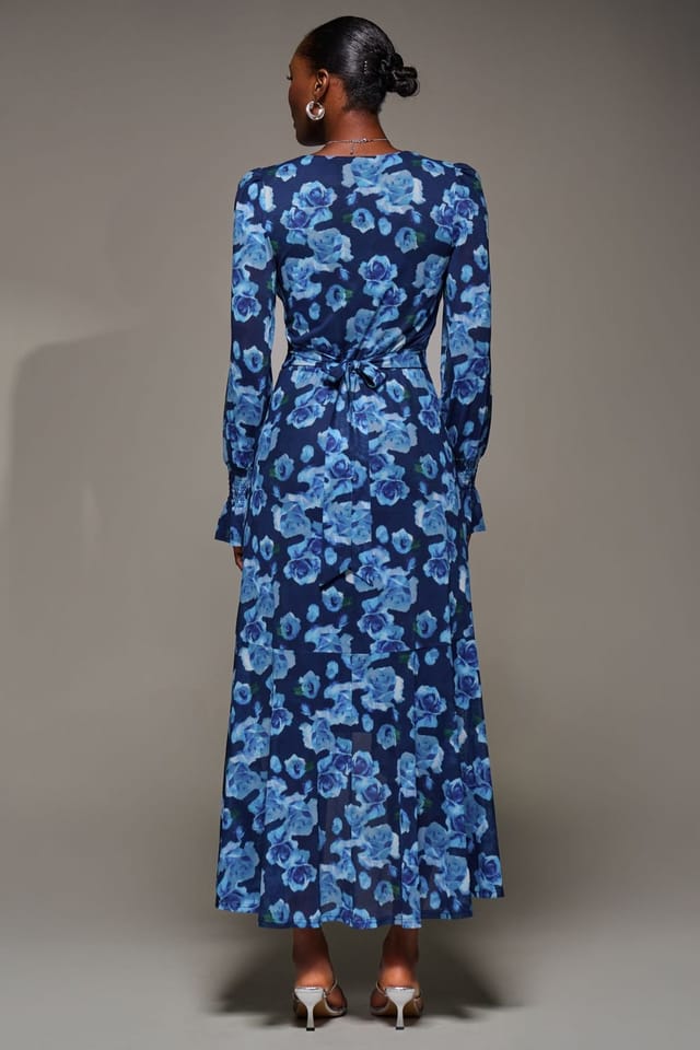 Jolie Moi Jolie Moi Women's Ruffle Cuffed Sleeve Frill Mesh Maxi Dress in Blue - 2