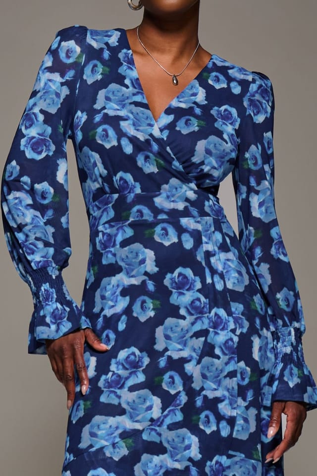 Jolie Moi Jolie Moi Women's Ruffle Cuffed Sleeve Frill Mesh Maxi Dress in Blue - 3