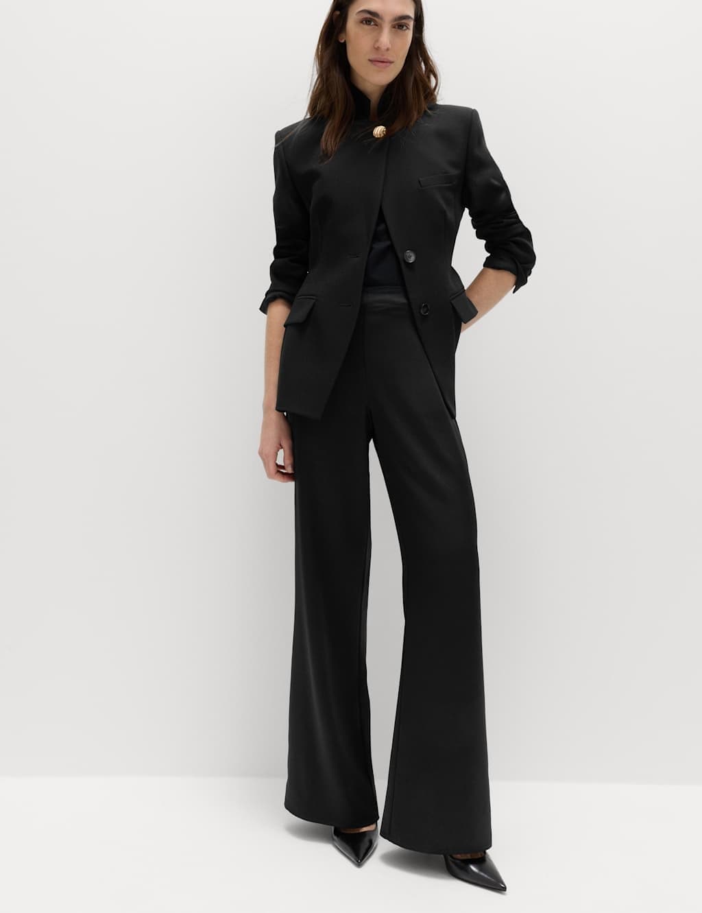 Marks & Spencer M&S Satin Pull On Flared Trousers in Black