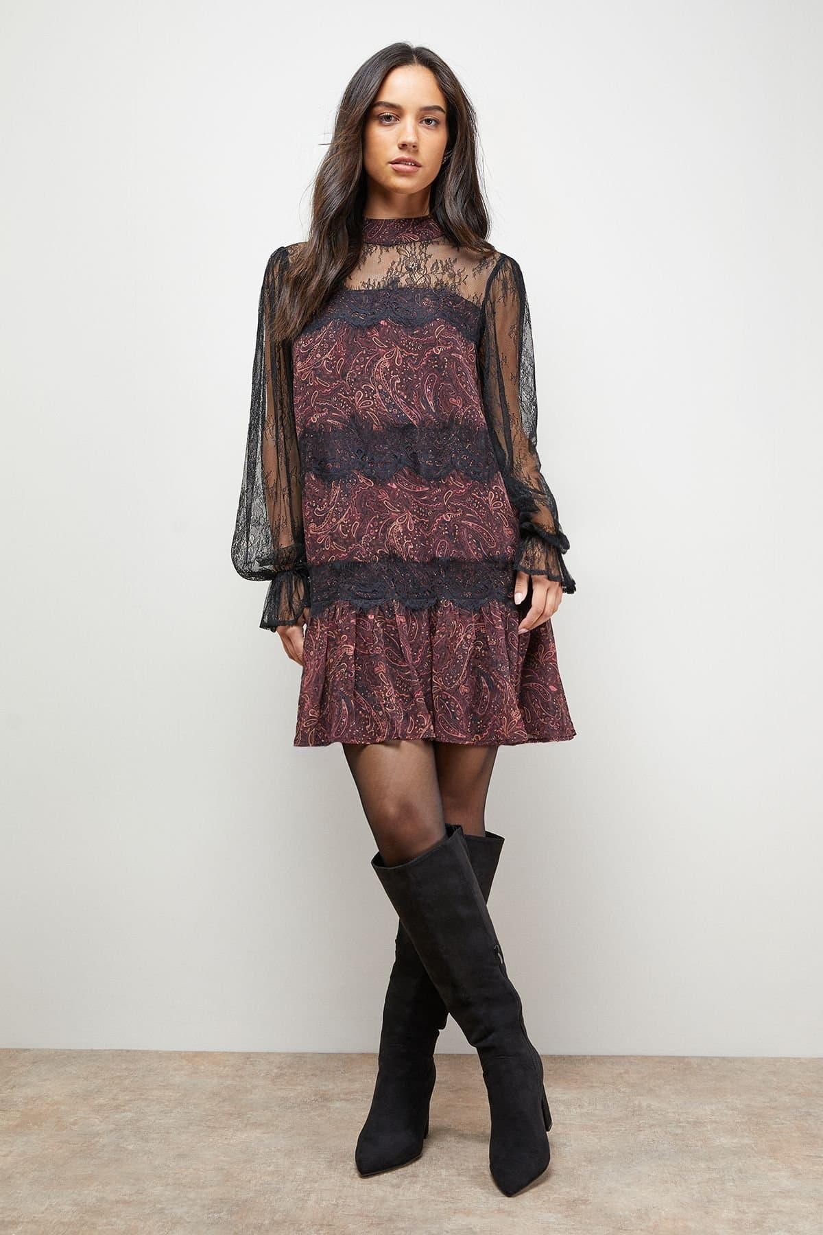 Oasis Oasis Women's Printed Lace Tiered High Neck Balloon Sleeve Mini Dress