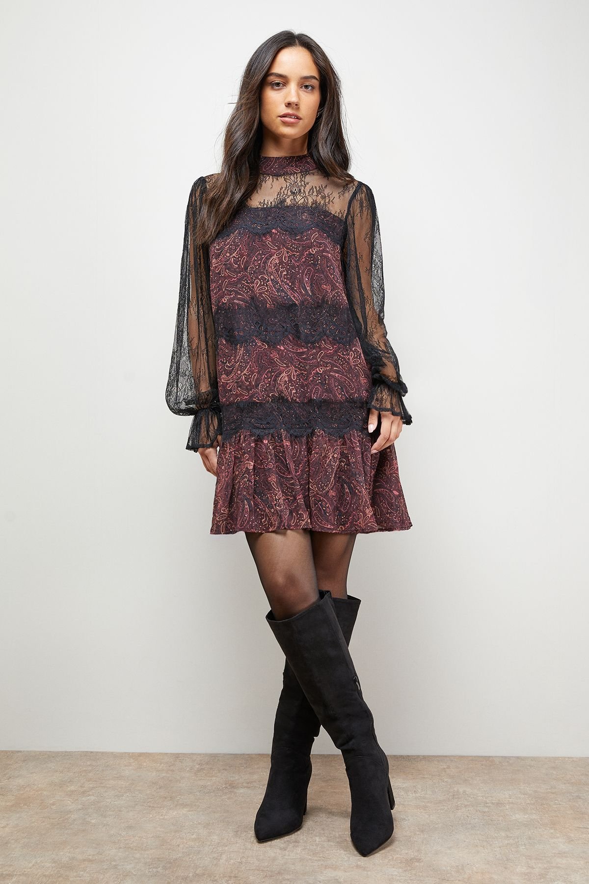 Oasis Oasis Women's Printed Lace Tiered High Neck Balloon Sleeve Mini Dress - 2