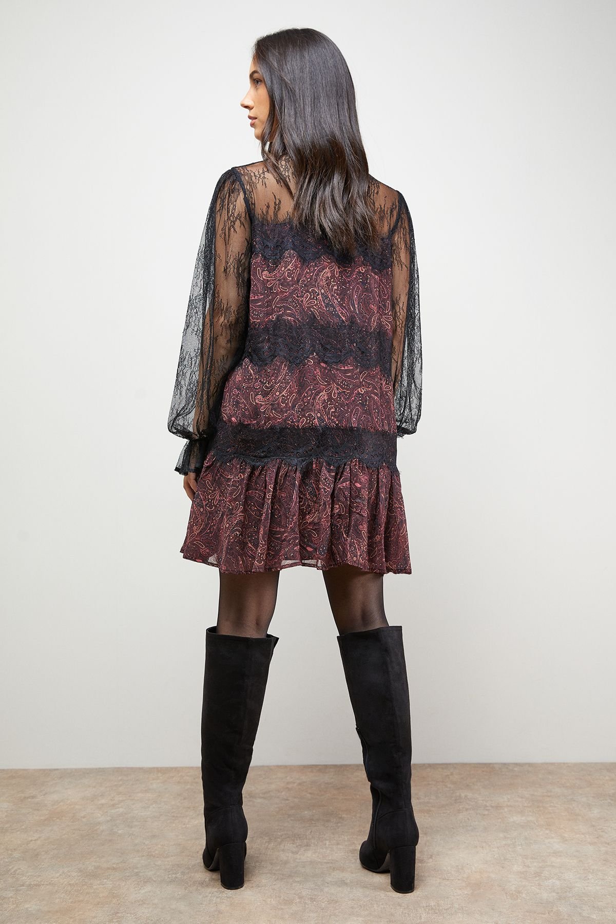 Oasis Oasis Women's Printed Lace Tiered High Neck Balloon Sleeve Mini Dress - 3