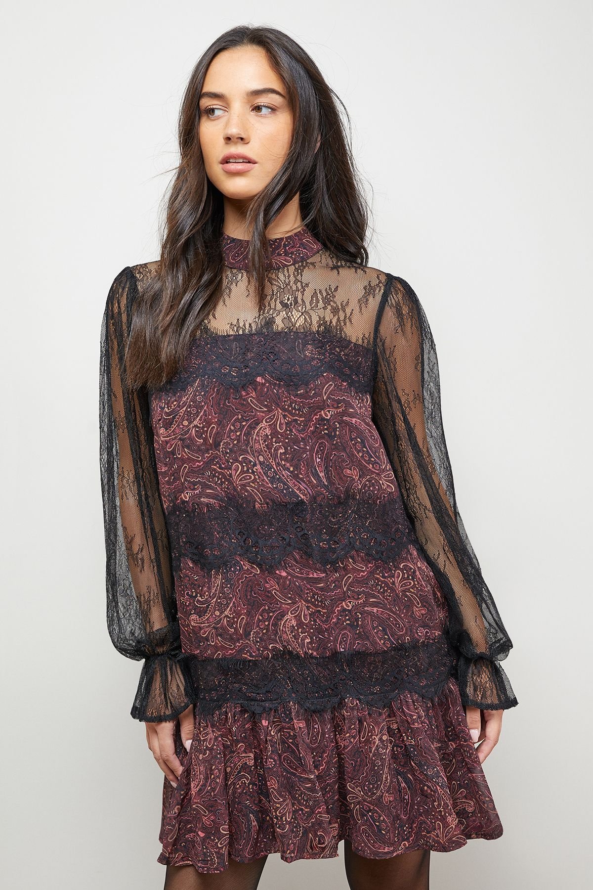 Oasis Oasis Women's Printed Lace Tiered High Neck Balloon Sleeve Mini Dress - 4