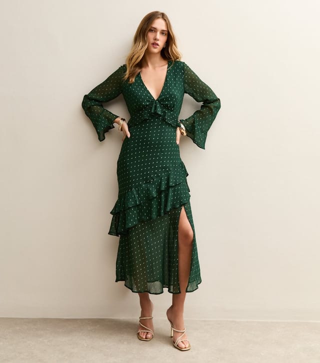 New Look Women's Dark Green Foil Spot Ruffle Trim Midi Dress New Look - 3