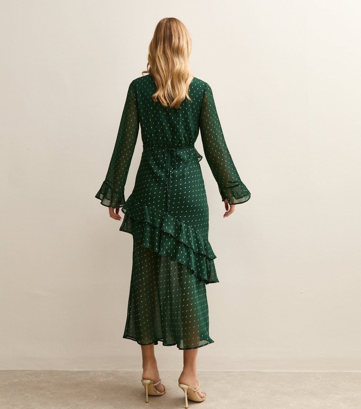 New Look Women's Dark Green Foil Spot Ruffle Trim Midi Dress New Look - 4