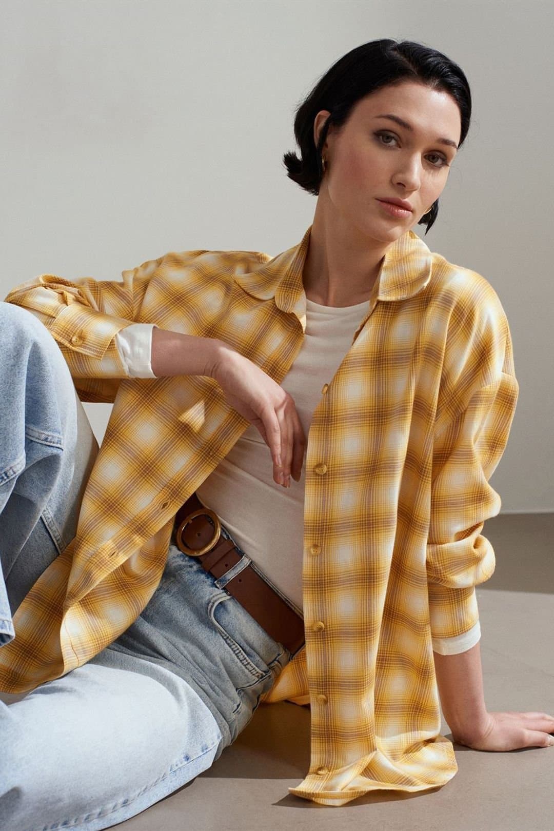 Dilvin Dilvin Yellow Plaid Oversized Long-Sleeve Shirt