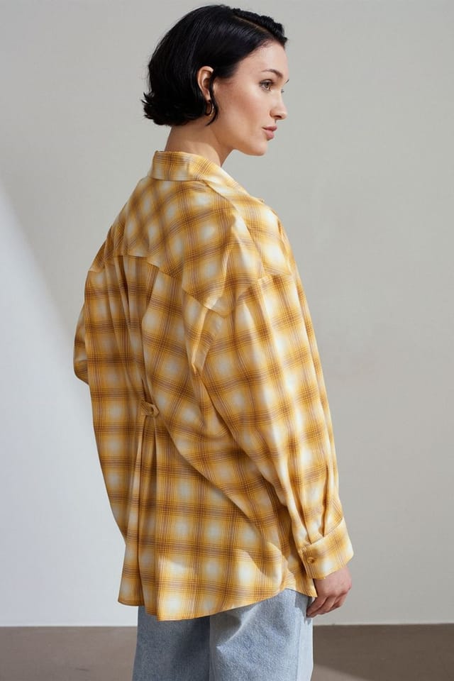 Dilvin Dilvin Women's Oversized Plaid Long-Sleeve Shirt in Yellow - 2
