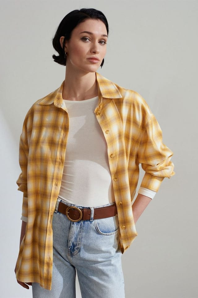 Dilvin Dilvin Women's Oversized Plaid Long-Sleeve Shirt in Yellow - 3