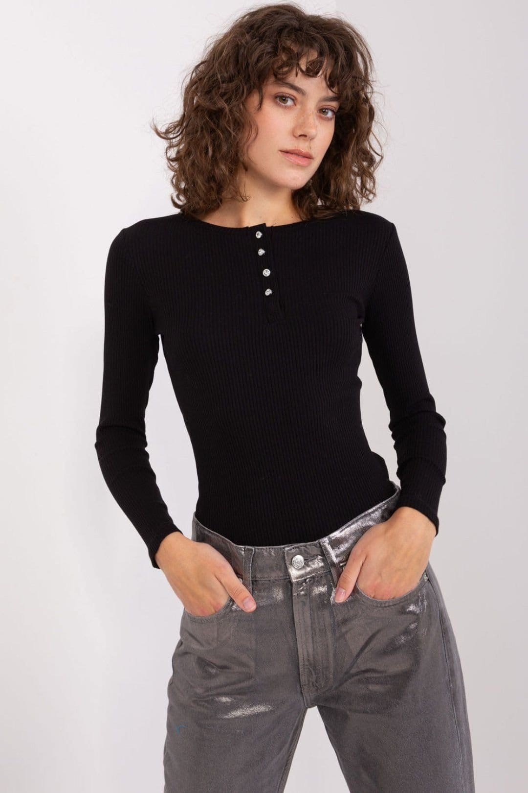 Love Lace Black Cotton Ribbed Blouse with Zircon Buttons