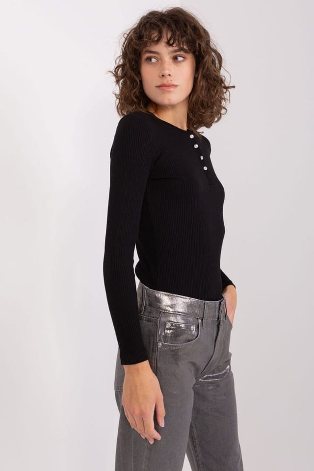 Love Lace Love Lace Women's Striped Cotton Blouse with Zircon Buttons in Black - 2