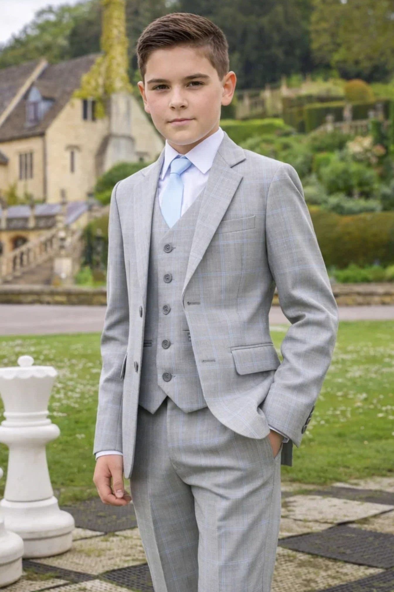 Vivaki Vivaki Men's 5 Piece Grey with Blue Check Suit