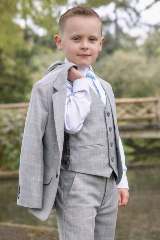 Vivaki Vivaki Men's 5 Piece Grey with Blue Check Suit - 3