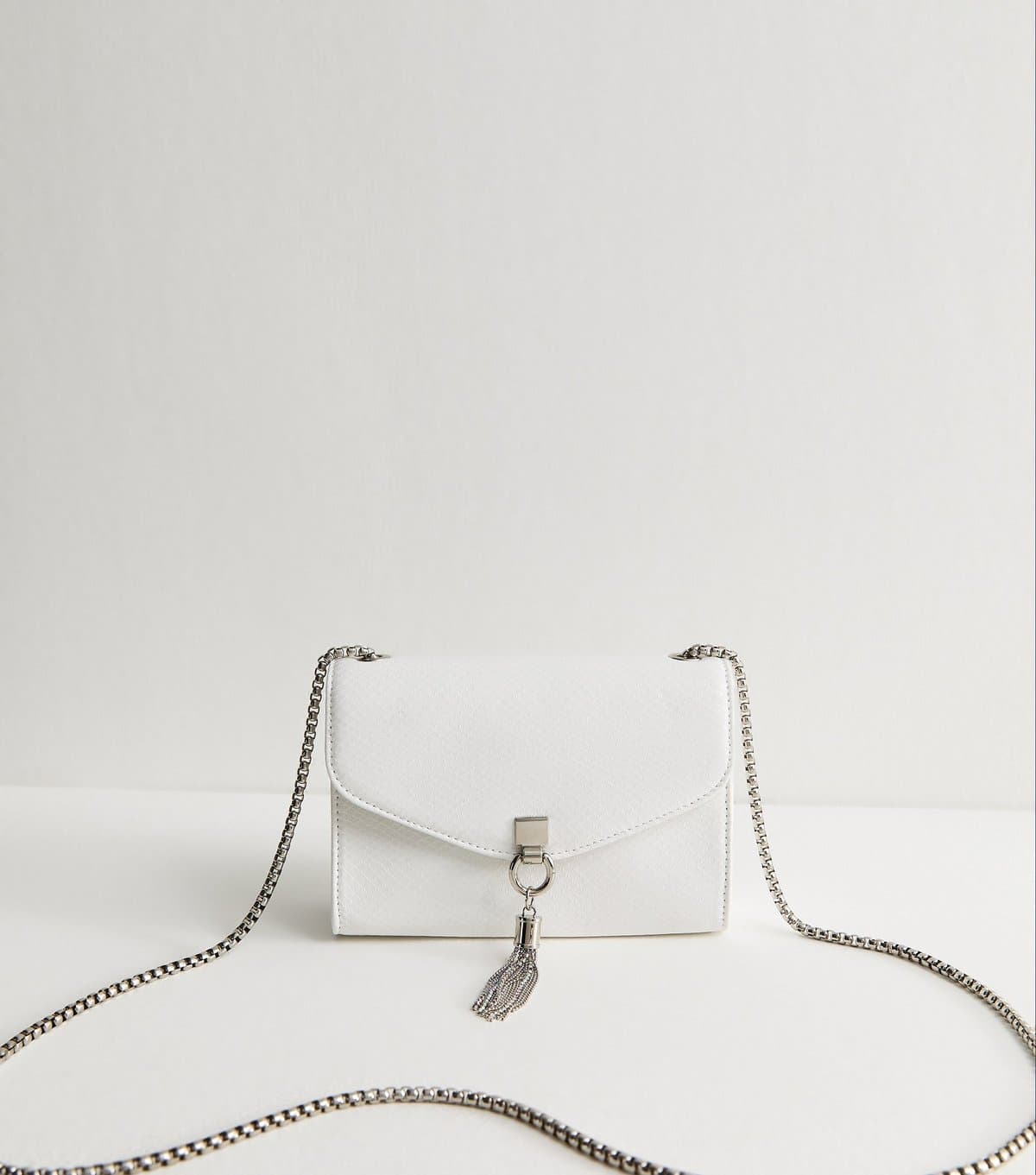 New Look White Faux Leather Snake Embossed Tassel Crossbody Bag Vegan New Look