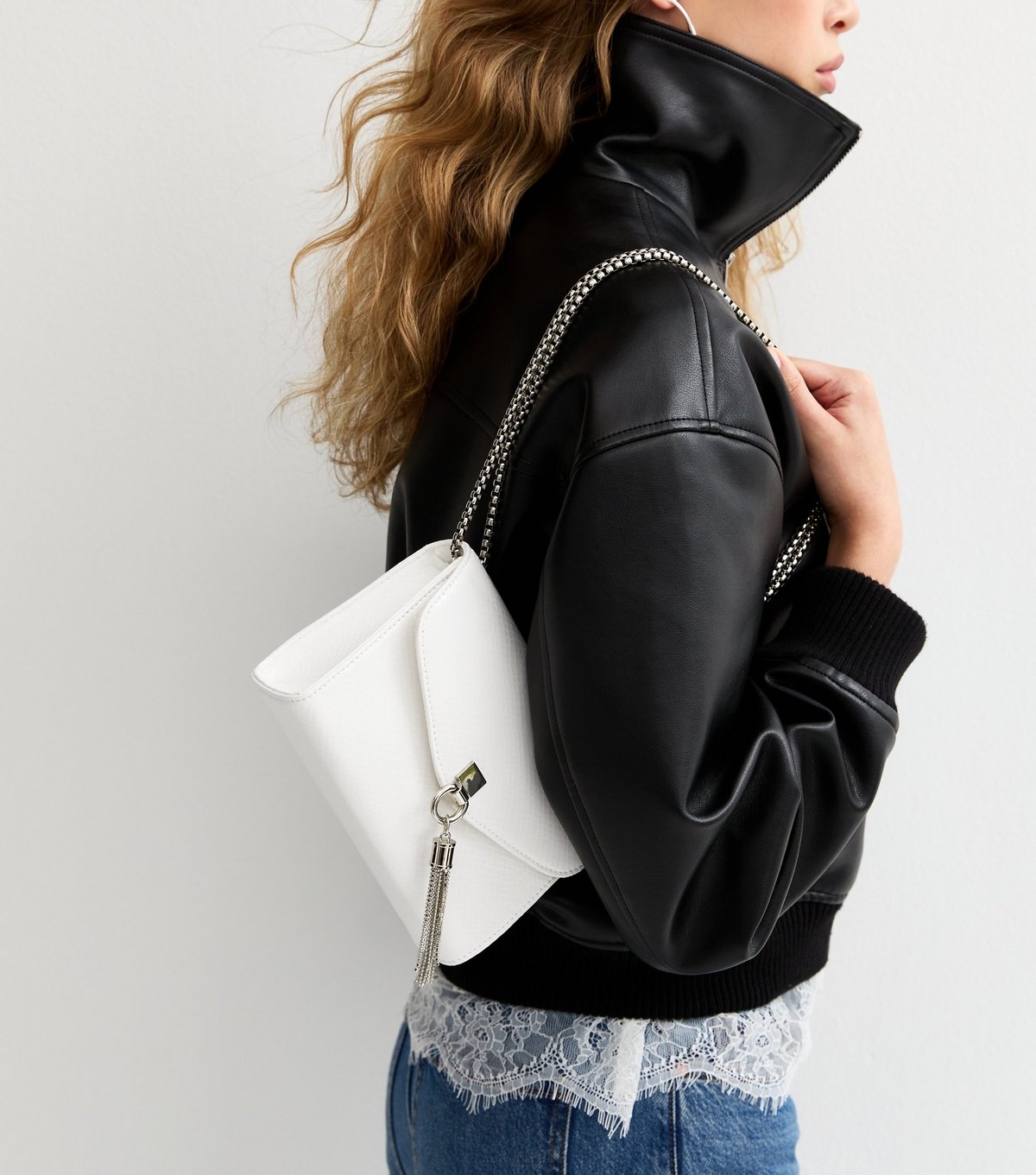 New Look White Faux Leather Snake Embossed Tassel Crossbody Bag Vegan New Look - 2