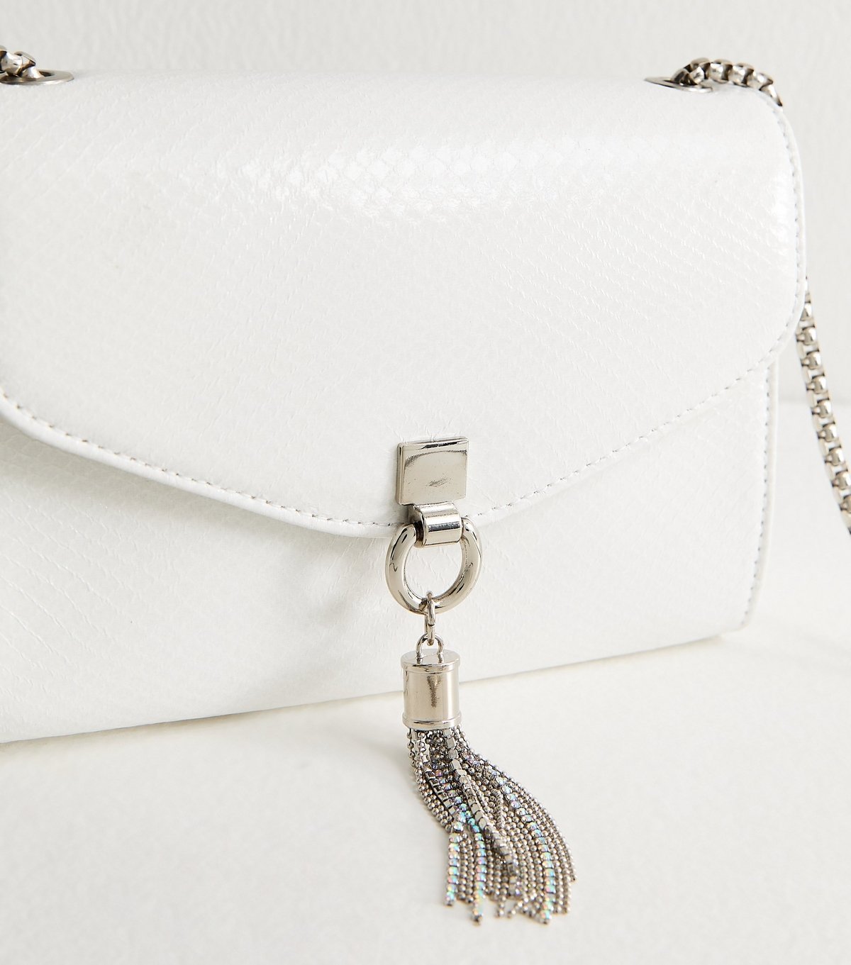 New Look White Faux Leather Snake Embossed Tassel Crossbody Bag Vegan New Look - 3