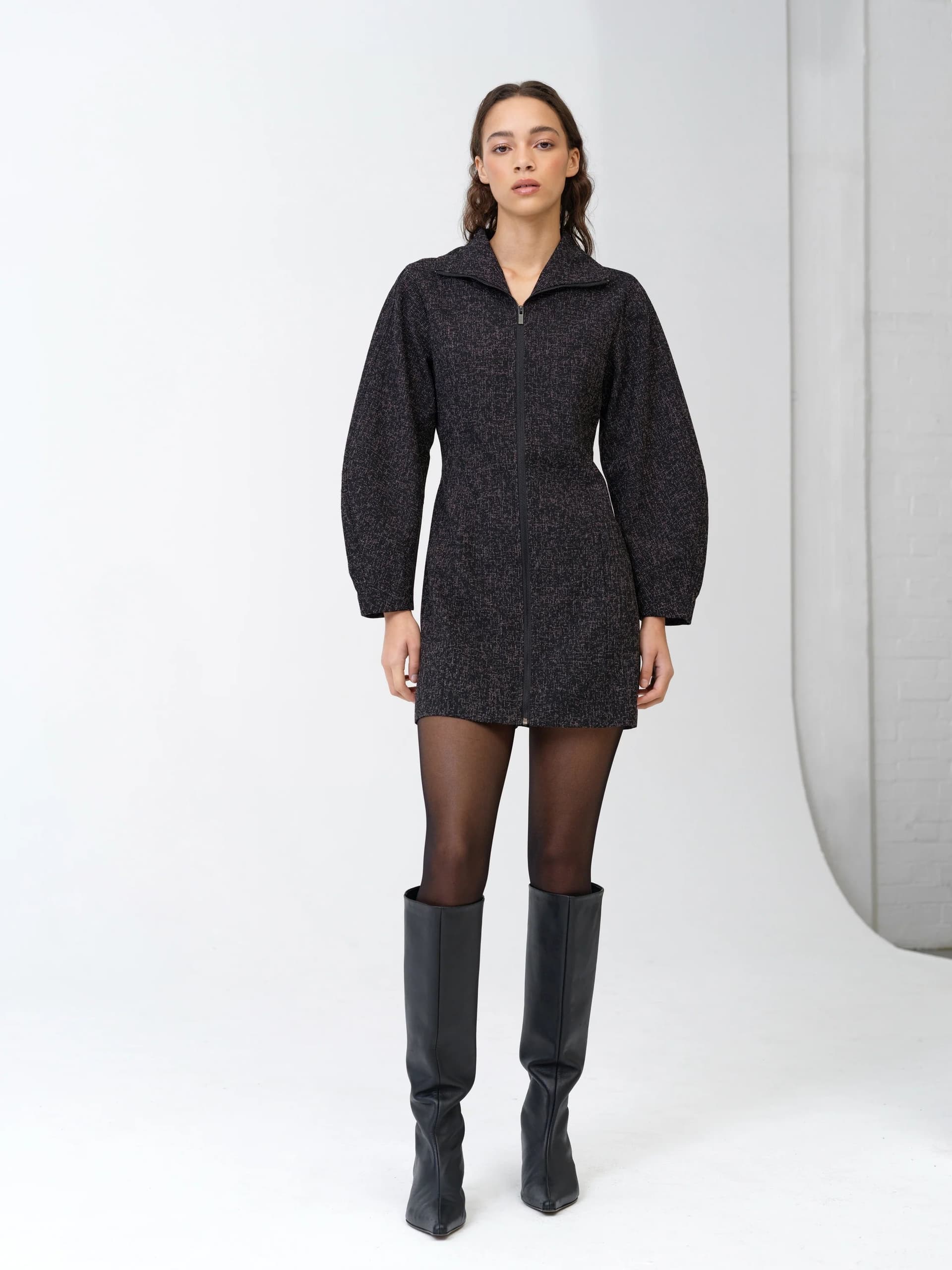 French Connection Alyssia Boucle Zip Through Mini Dress Black