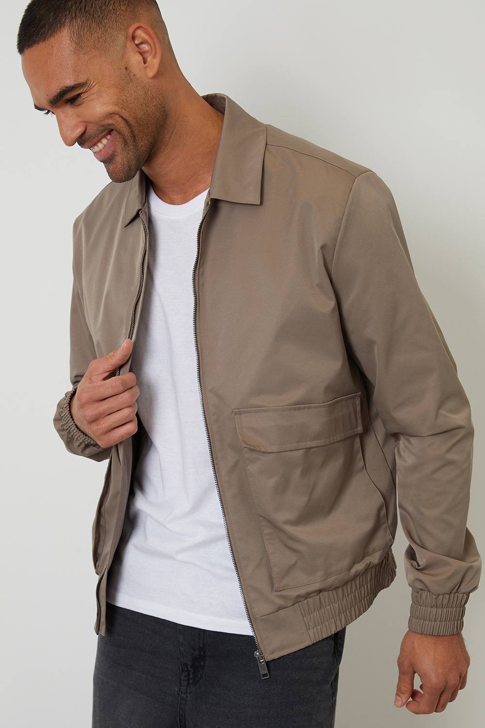 Threadbare Threadbare Men's Showerproof Patch Pocket Zip Up Jacket in Taupe - 4