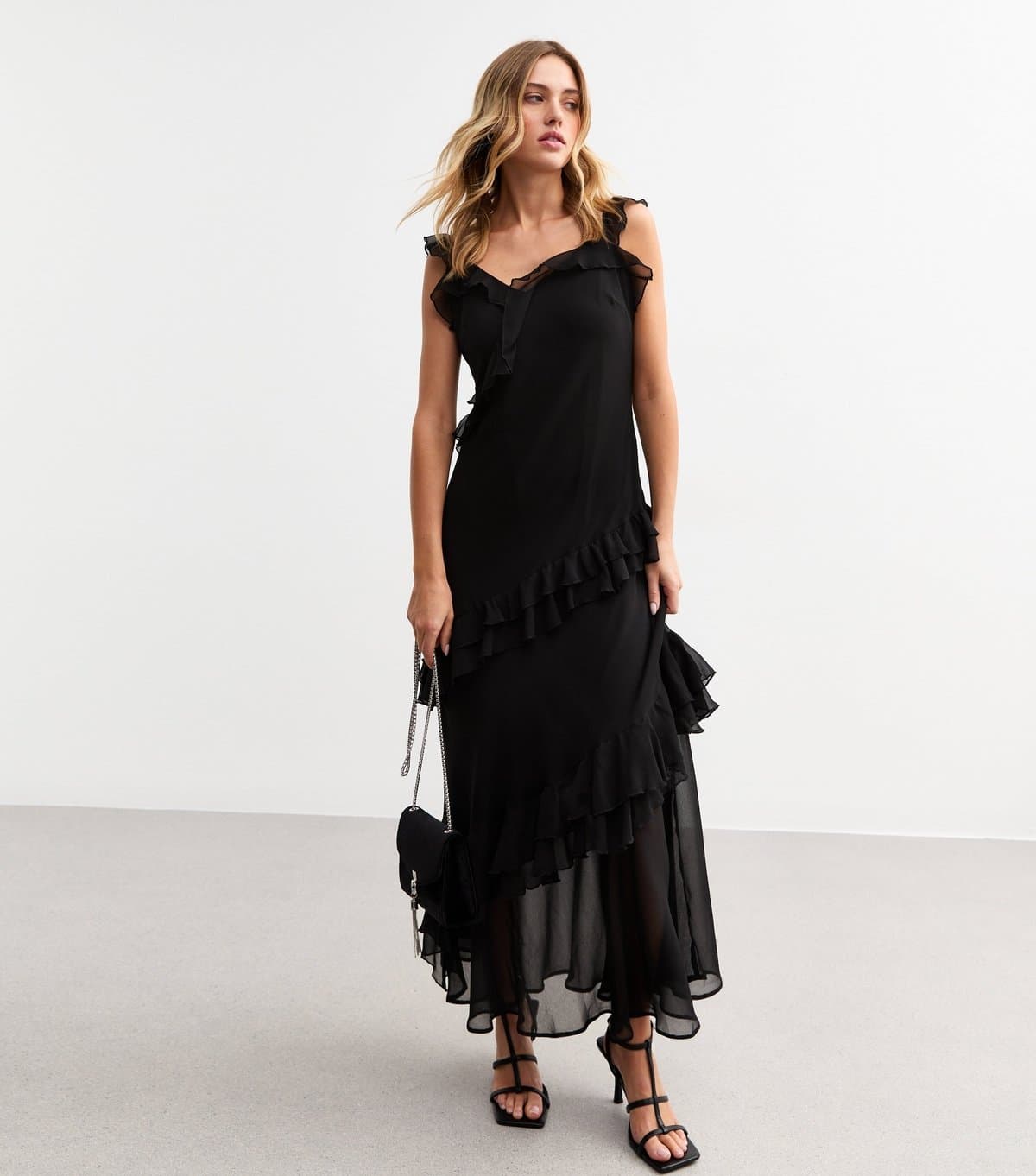 New Look Women's Black Asymmetric Ruffle Trim Midi Dress New Look