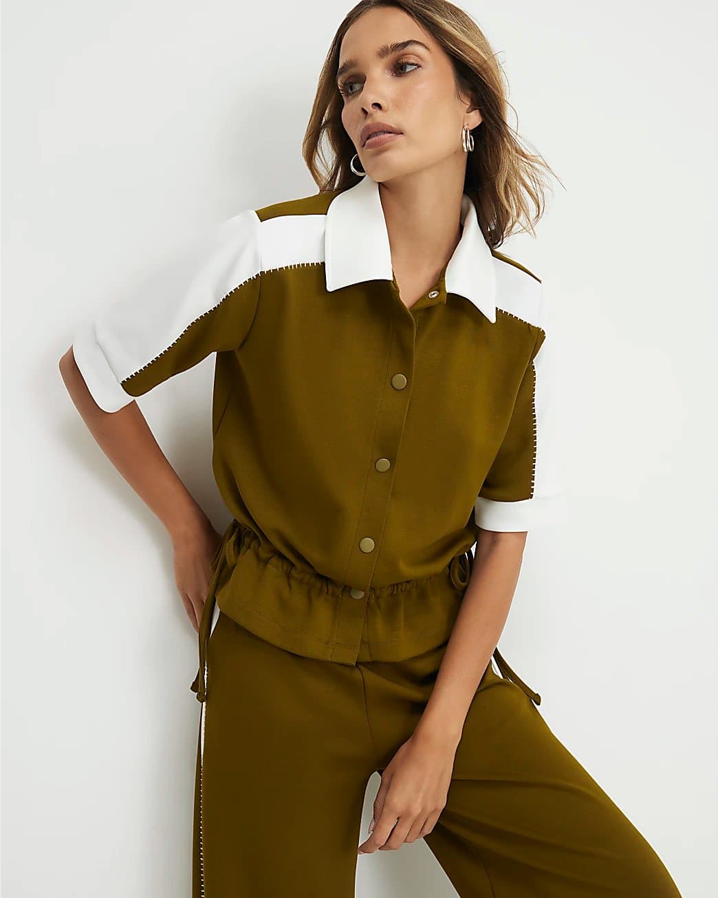 River Island River Island Womens Khaki Premium Block Polo Shirt