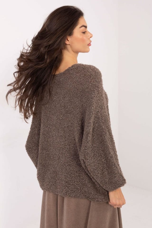 Love Lace Love Lace Women's Boucle V Neck Sweater With Puff Sleeves in Dark Brown - 3