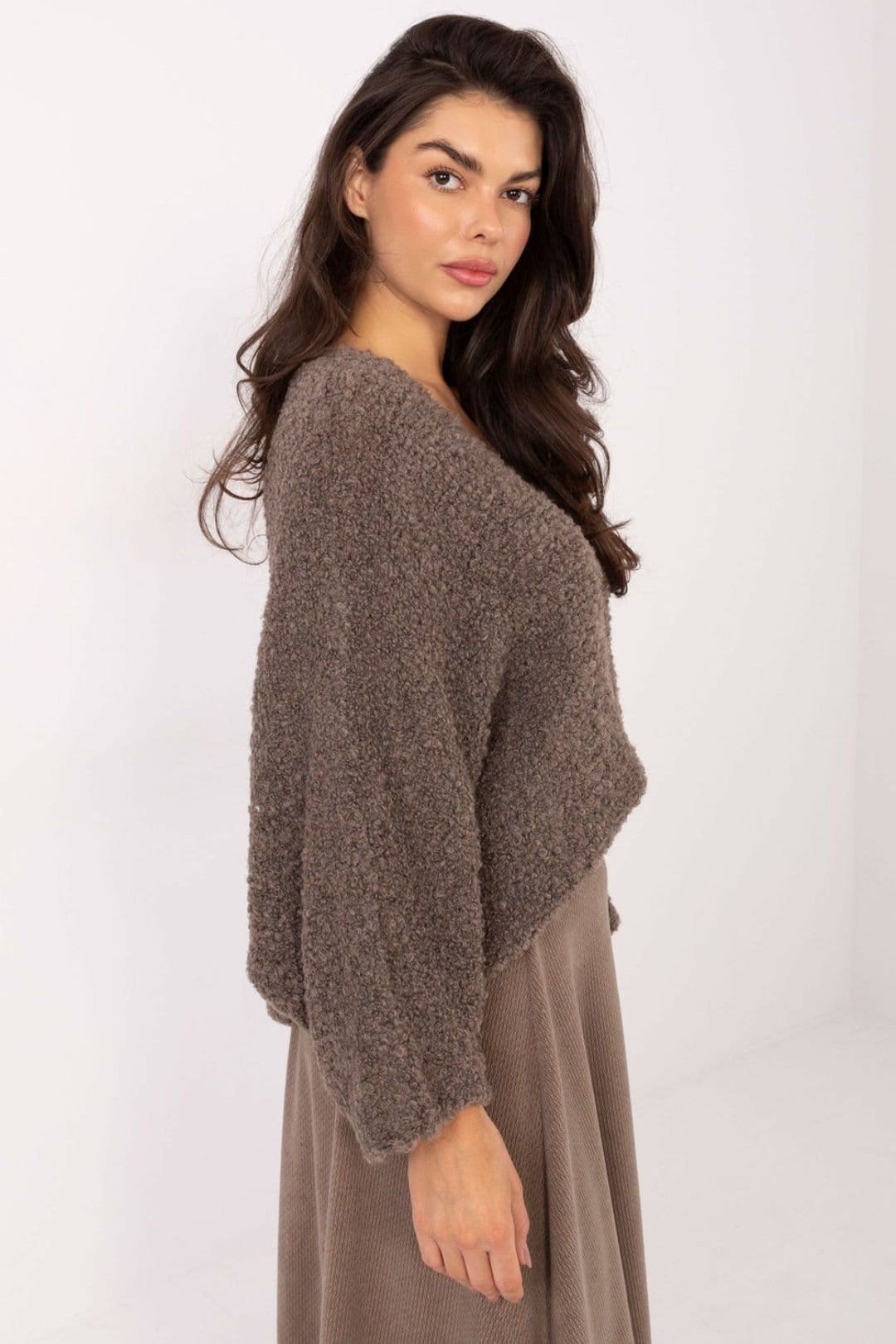 Love Lace Love Lace Women's Boucle V Neck Sweater With Puff Sleeves in Dark Brown - 4