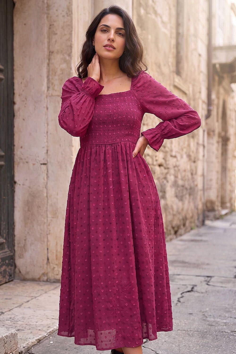 Dusk Dusk Women's Dobby Print Shirred Midi Dress in Magenta