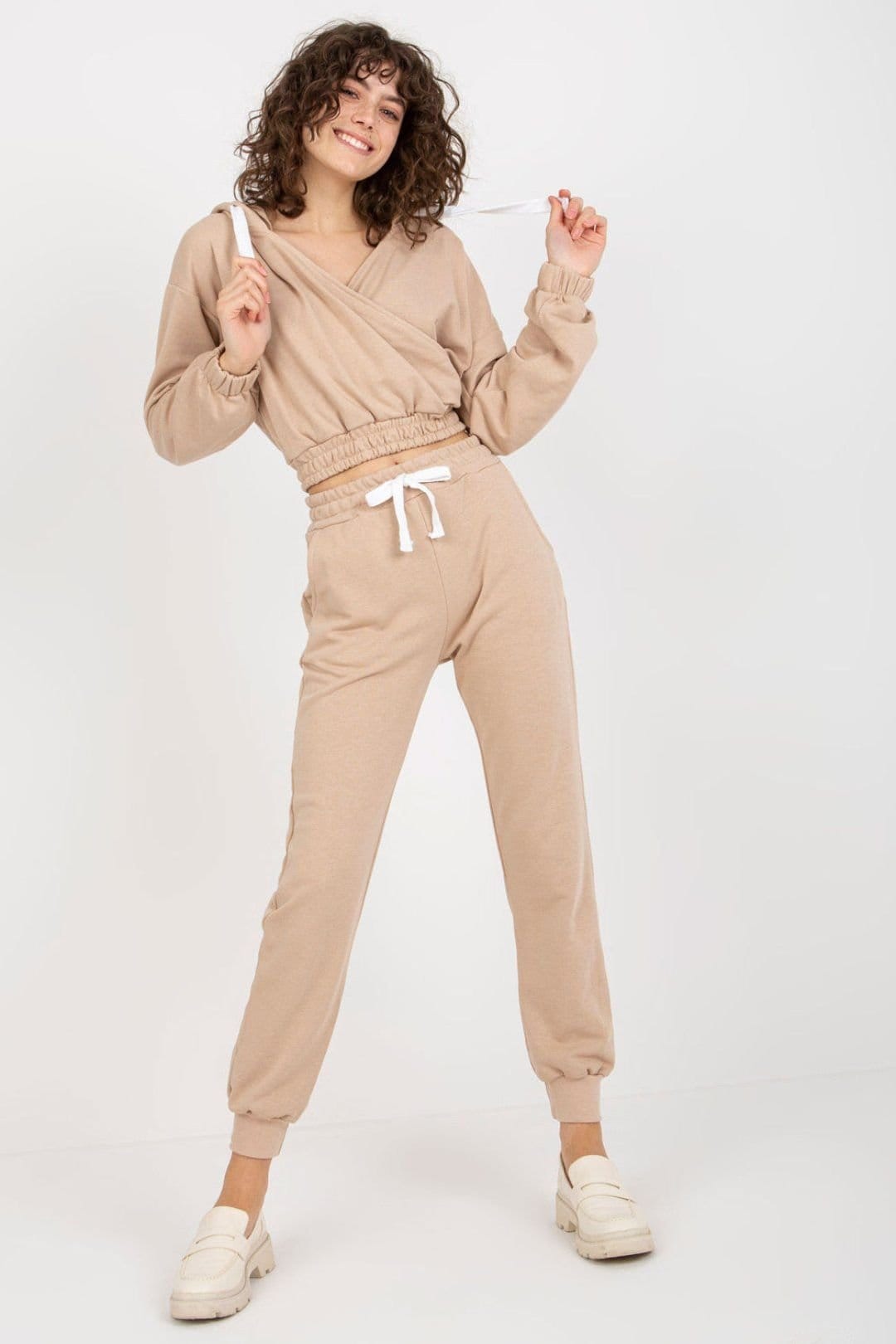 Love Lace Love Lace Women's Hooded Sweatshirt & Tie Waist Pant Set Style 177030 in Beige - 1