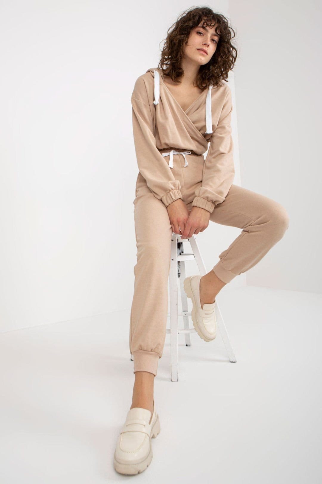 Love Lace Love Lace Women's Hooded Sweatshirt & Tie Waist Pant Set Style 177030 in Beige - 4