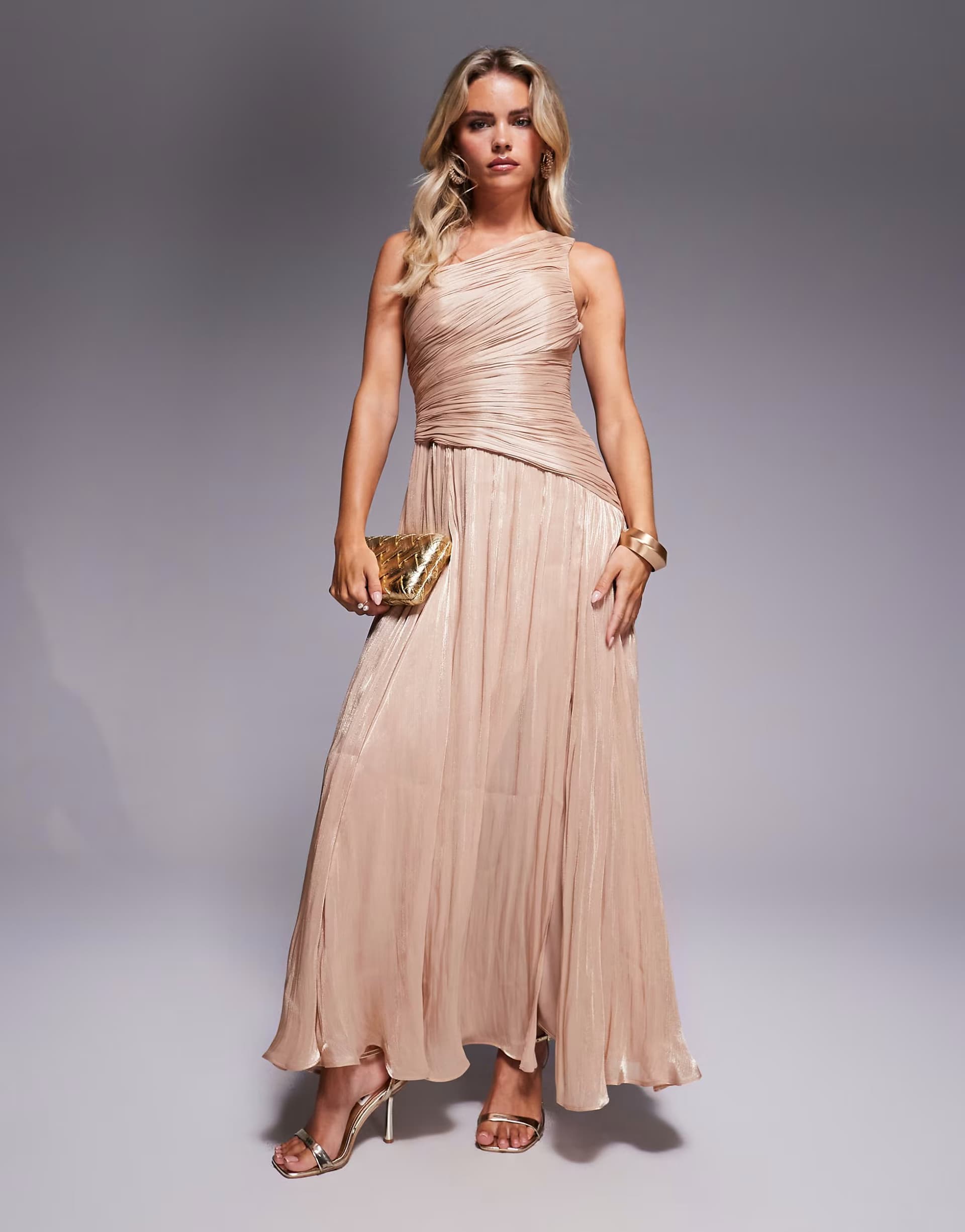 ASOS Forever New Petite metallic one shoulder drop hem maxi dress in gold