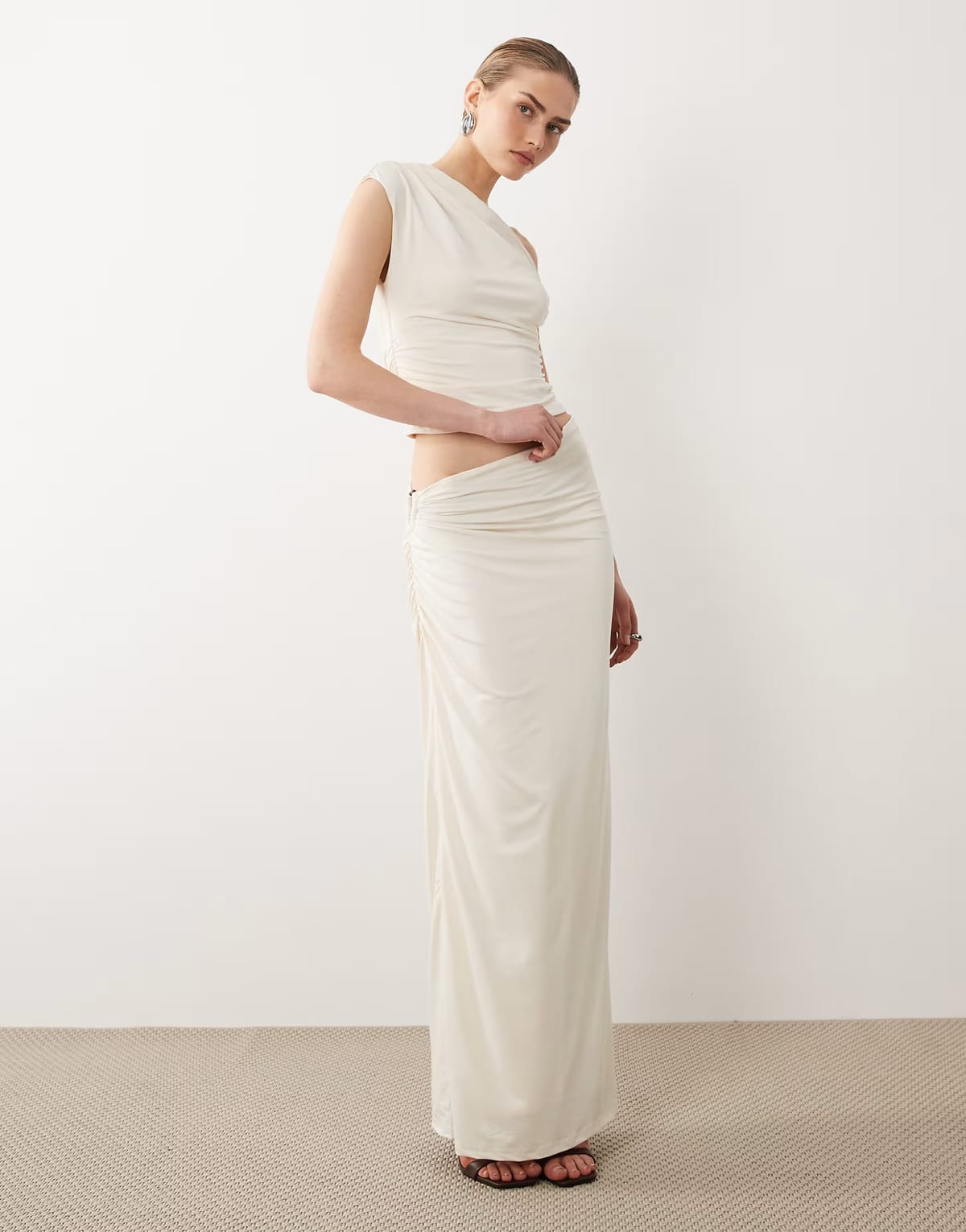 ASOS SNDYS beaded ring detail asymmetric waist maxi skirt co-ord in cream - 1