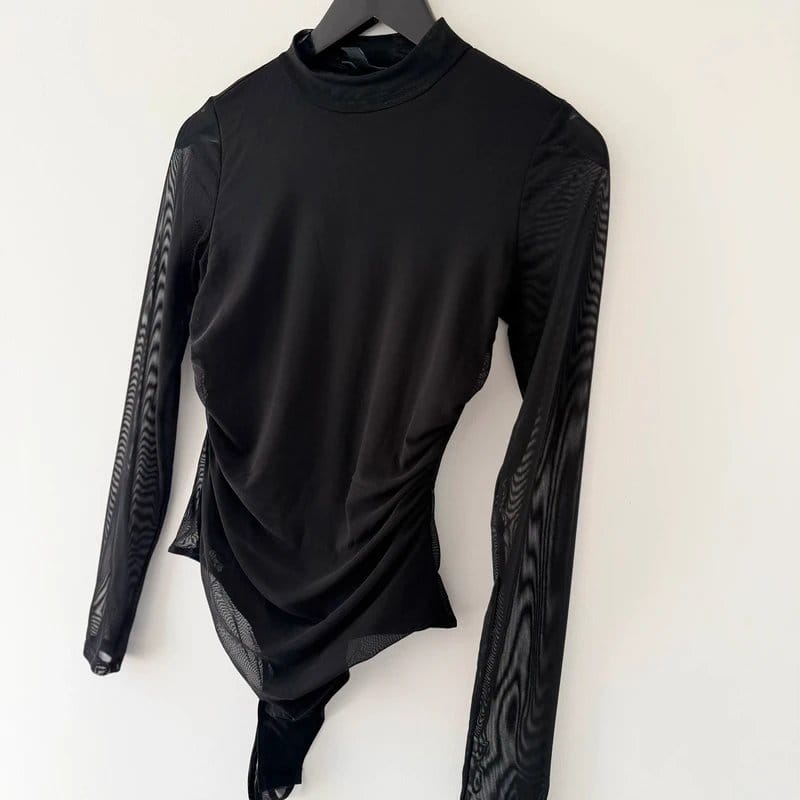 New Look Black Mesh Ruched Long Sleeve Bodysuit