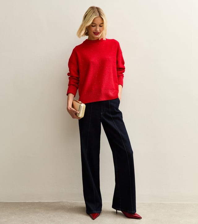 New Look Women's Dark Red Sequin Yarn Crew Neck Jumper New Look - 2