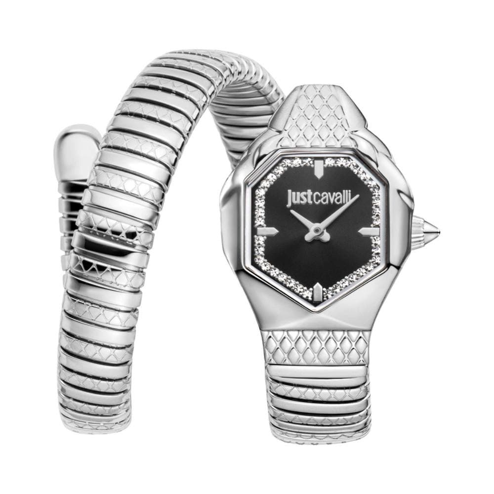 Just Cavalli Just Cavalli Women's Snake Watch, Silver Color Case, Black Dial, Stainless Steel Bracelet