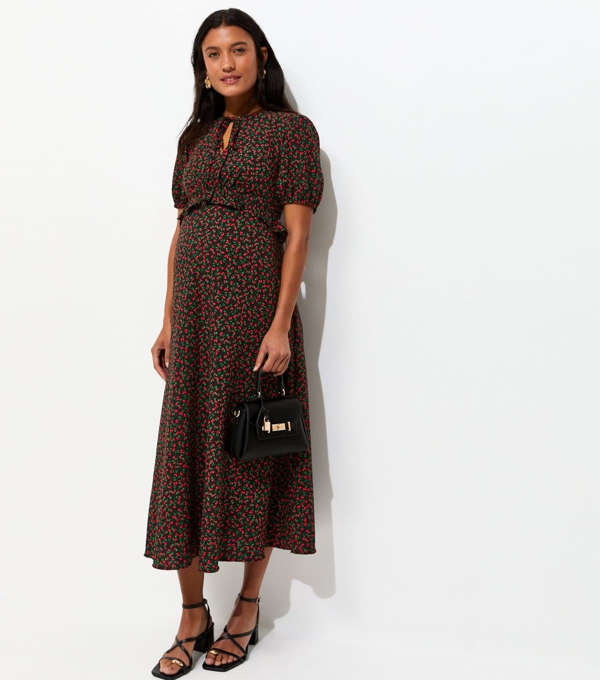 New Look Women's Maternity Black Ditsy Short Sleeve Keyhole Midi Dress New Look
