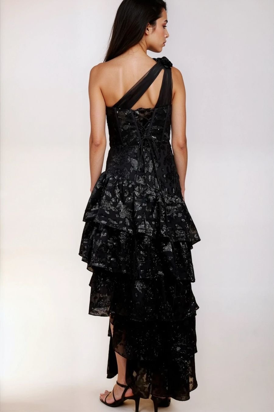 Little Mistress Little Mistress Women's Black Tiered Ruffle One Shoulder Sequin Maxi Dress - 2