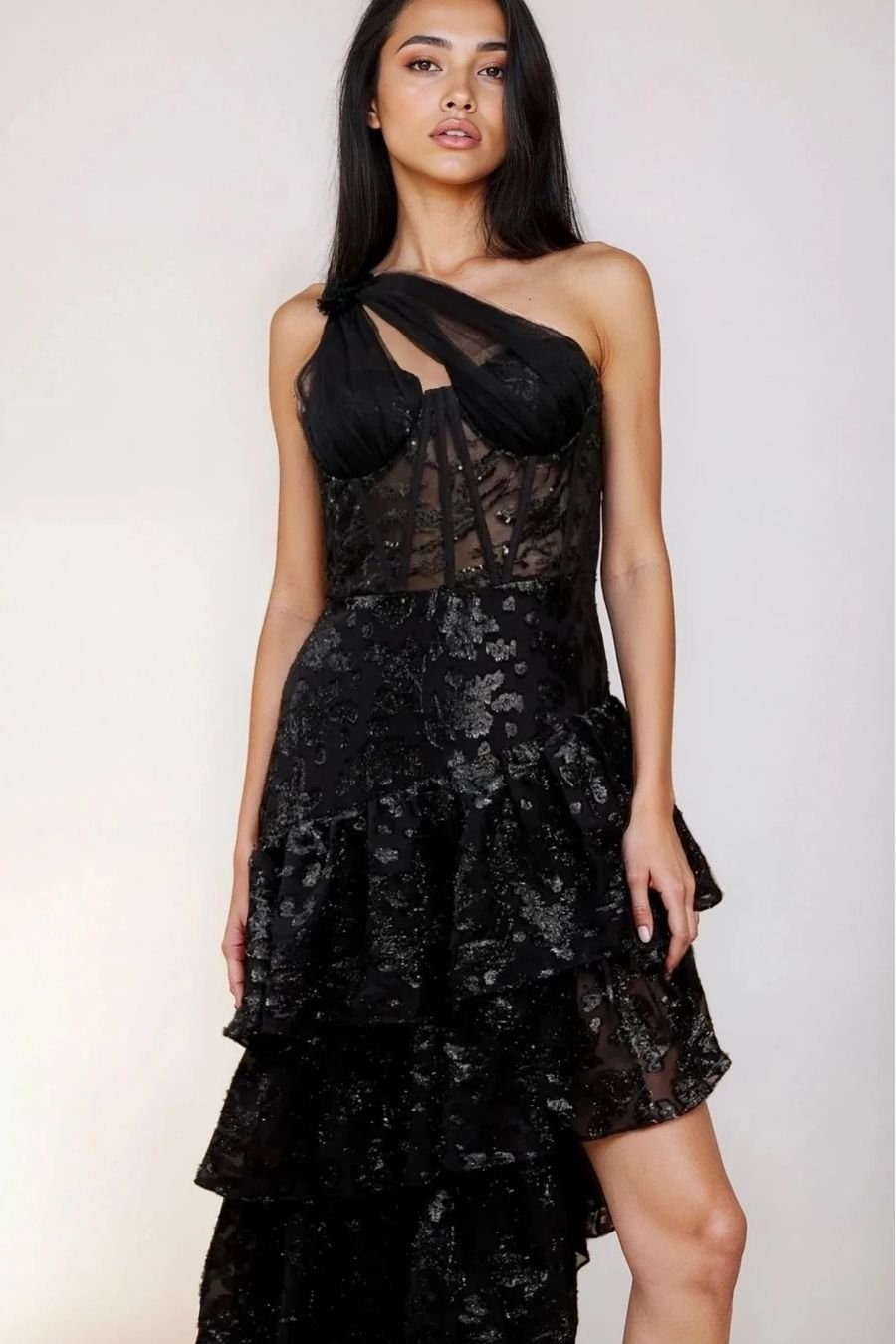 Little Mistress Little Mistress Women's Black Tiered Ruffle One Shoulder Sequin Maxi Dress - 4