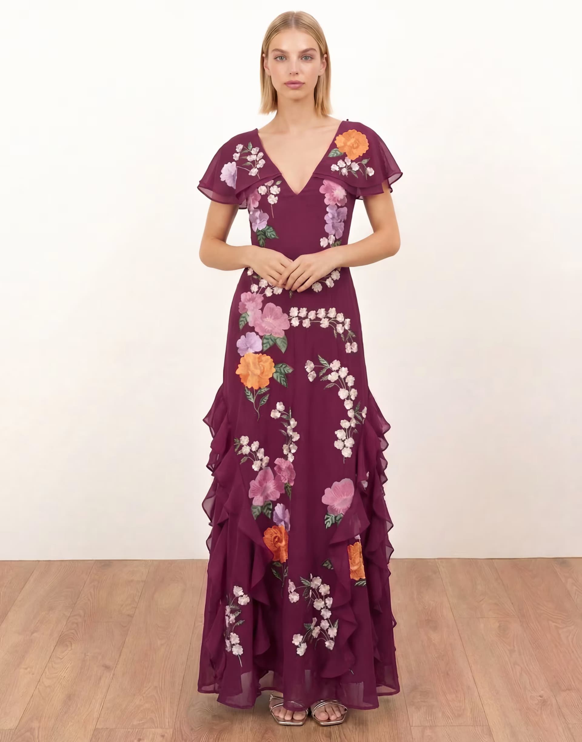ASOS Maya Floral embroidery cape sleeve tie back maxi dress in deep pink