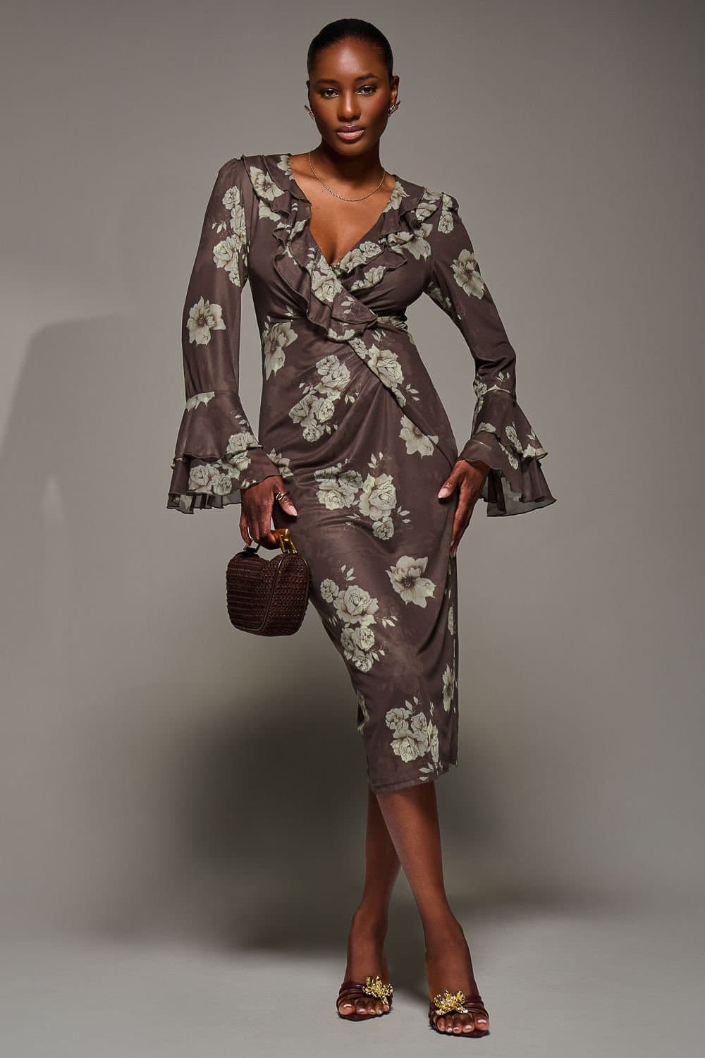 Jolie Moi Jolie Moi Women's Frill Sleeve Pleated Wrap Midi Dress