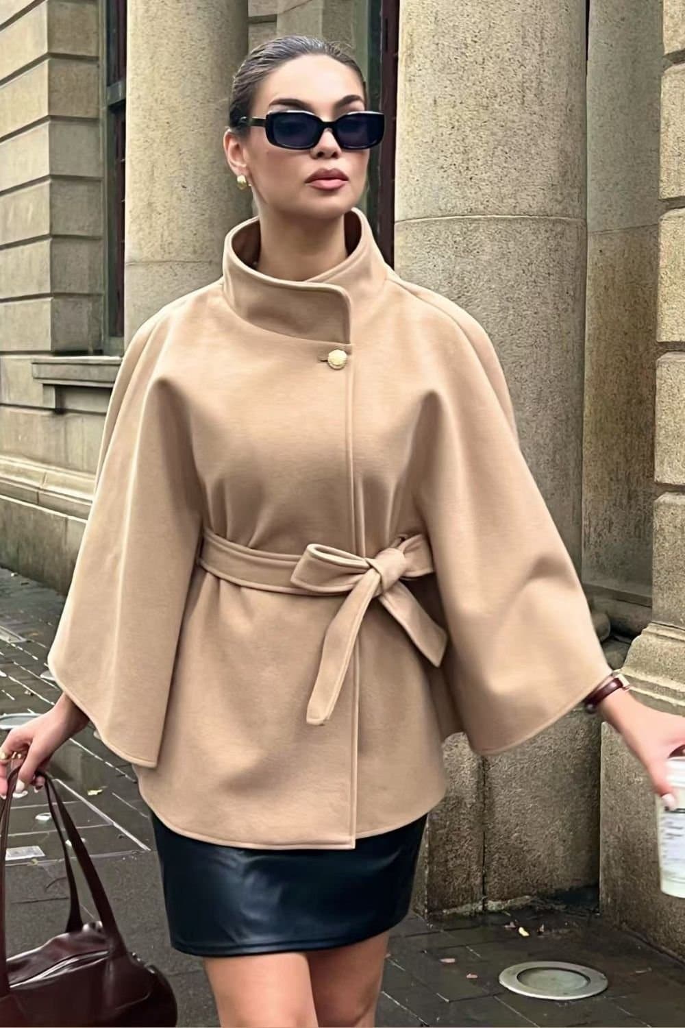 OUTTA BOX OUTTA BOX Women's Belted Sleeveless Wool Cape Coat in Camel