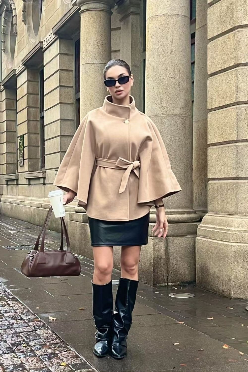 OUTTA BOX OUTTA BOX Women's Belted Sleeveless Wool Cape Coat in Camel - 2