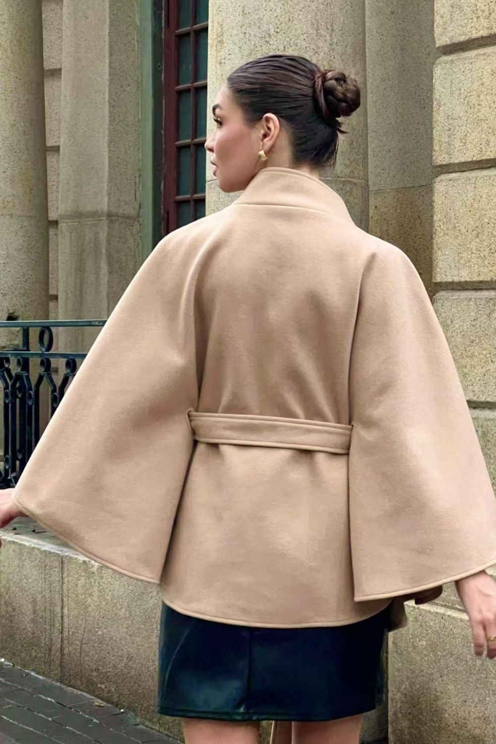 OUTTA BOX OUTTA BOX Women's Belted Sleeveless Wool Cape Coat in Camel - 3