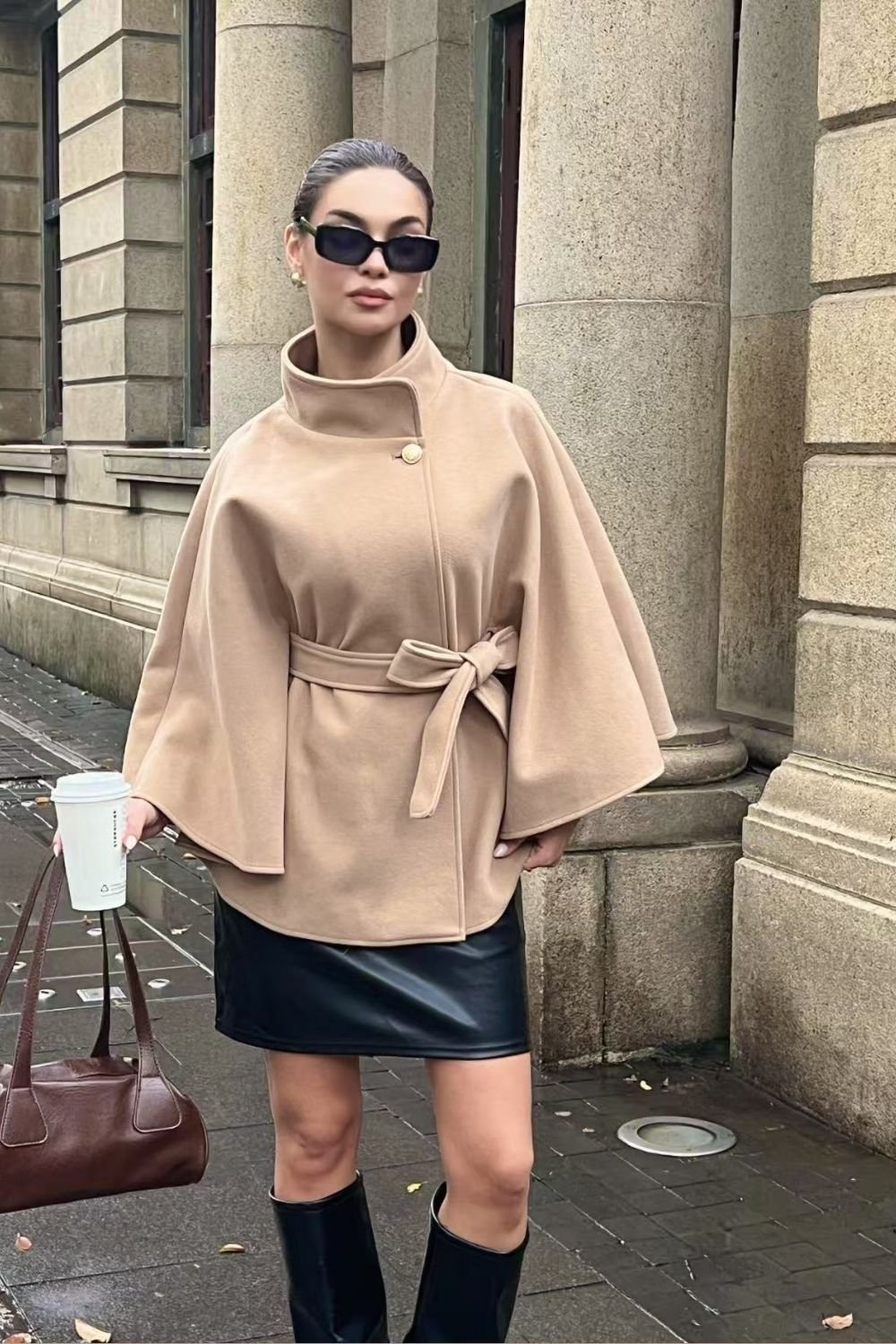 OUTTA BOX OUTTA BOX Women's Belted Sleeveless Wool Cape Coat in Camel - 4