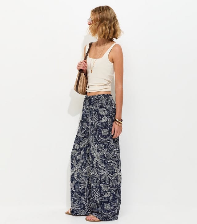 New Look Women's Blue Leaf Print Drawstring Wide Leg Trousers New Look - 3