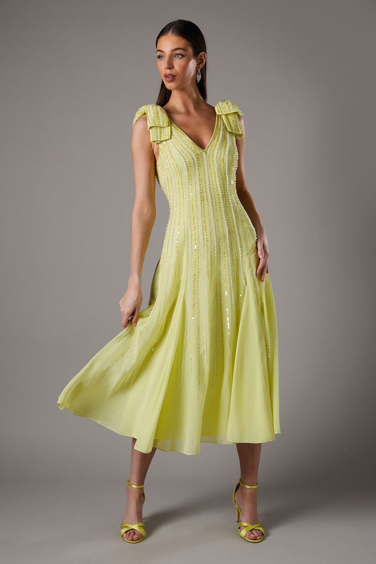 Coast Coast Women's Bow Shoulder Embellished Midi Dress in Yellow