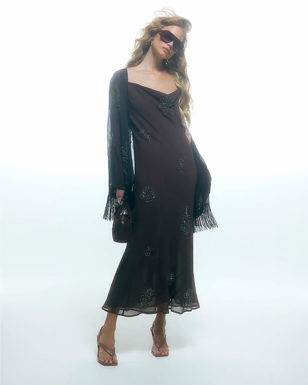 River Island River Island Womens Brown Embellished Maxi Dress