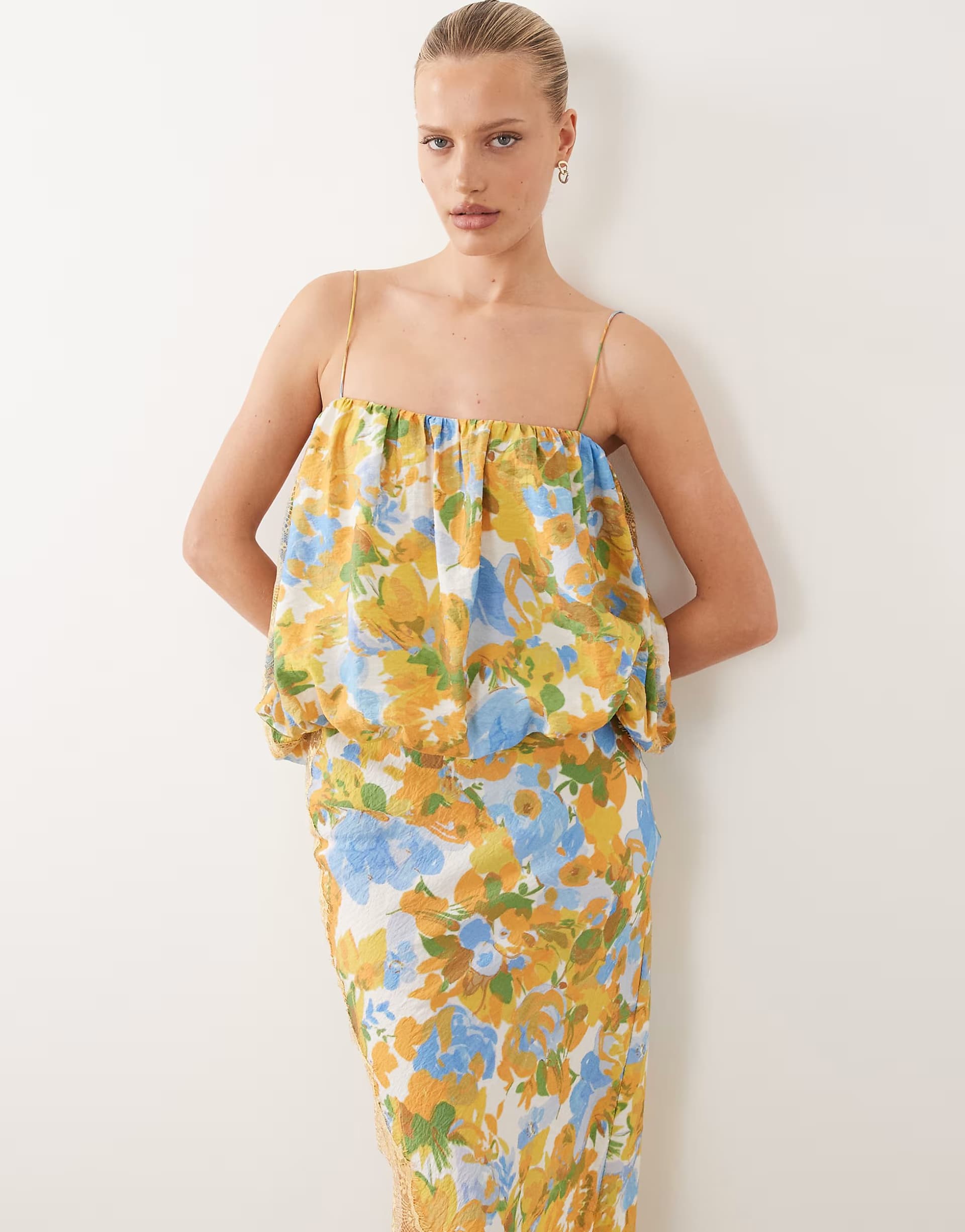 ASOS ASOS DESIGN bubble top lace applique midi dress in yellow floral