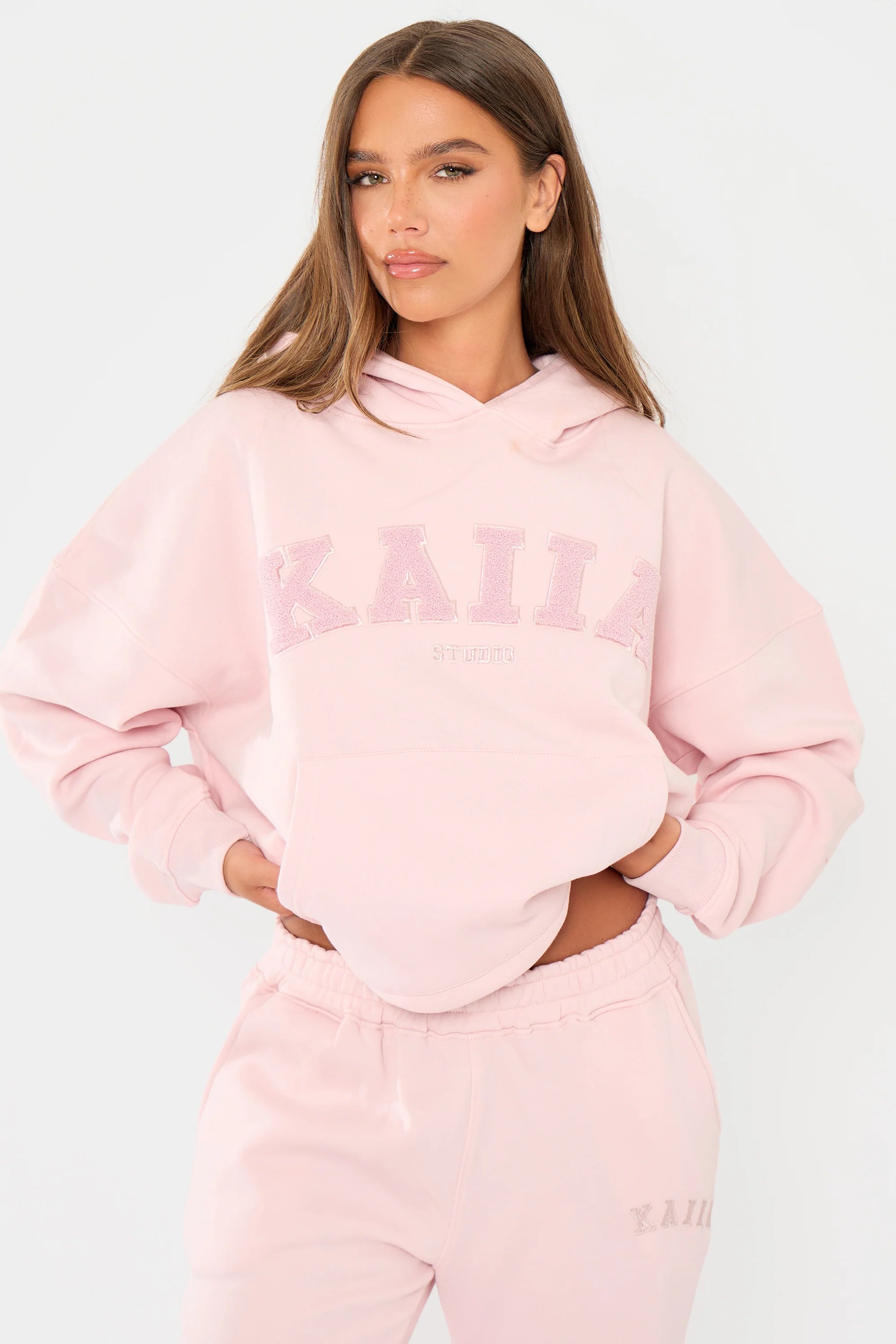 Kaiia Kaiia Studio Borg Slogan Oversized Hoodie Pink Chai - 3