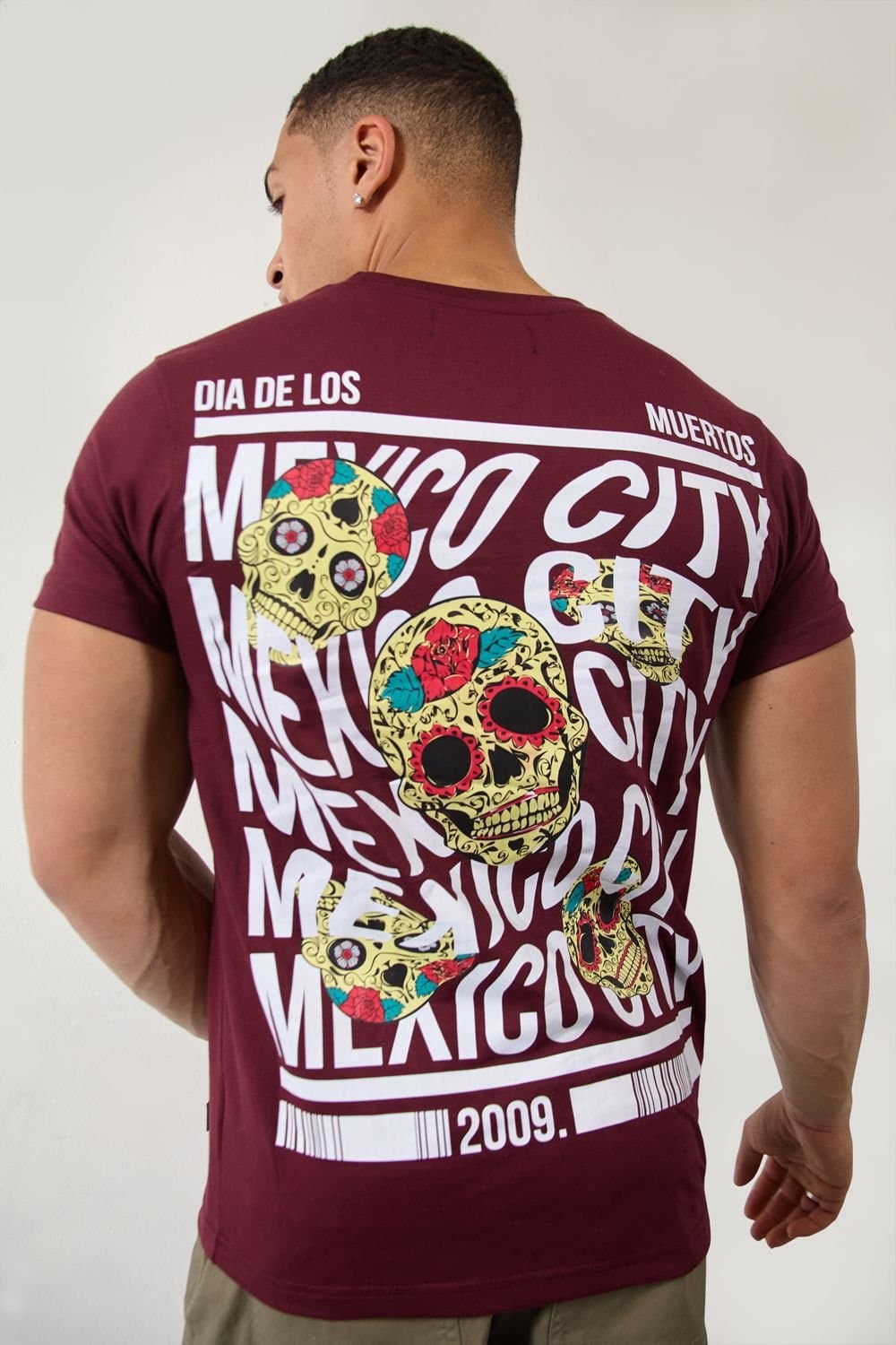 LONDON ATTITUDE LONDON ATTITUDE Men's Burgundy Mexico City Dia De Los Muertos Skull Graphic T-Shirt